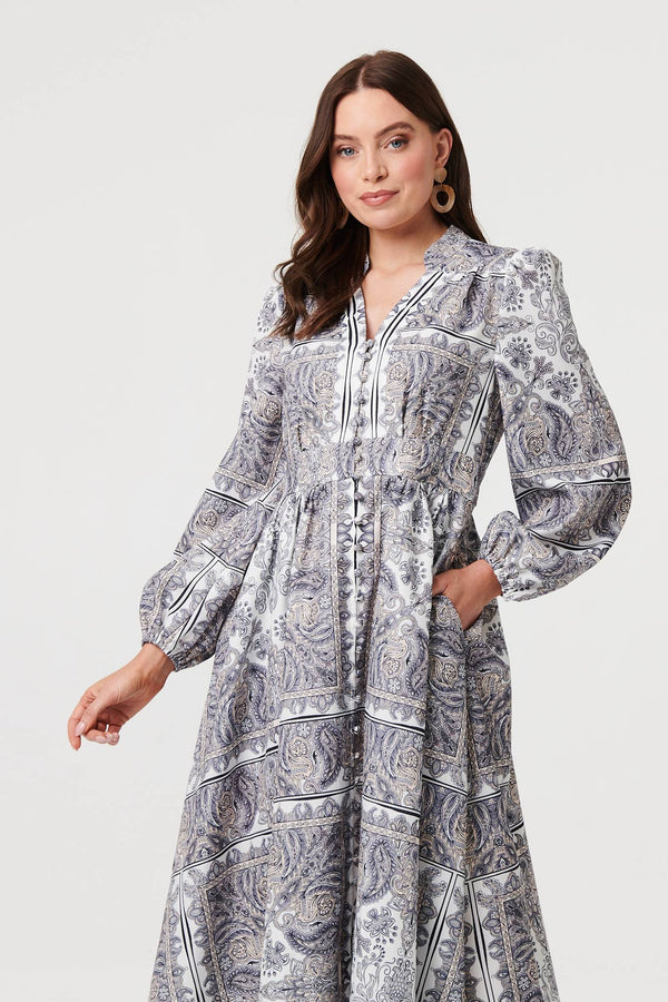 Grey | Printed Long Sleeve Shirred Midi Dress