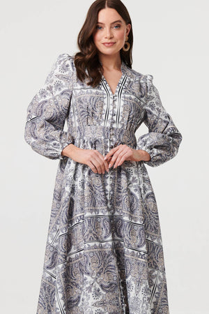 Grey | Printed Long Sleeve Shirred Midi Dress