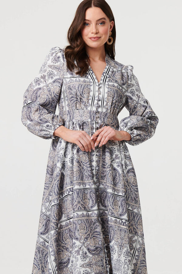 Grey | Printed Long Sleeve Shirred Midi Dress