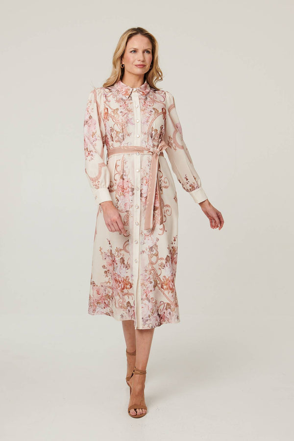 Beige | Floral Long Sleeve Tie Waist Midi Dress