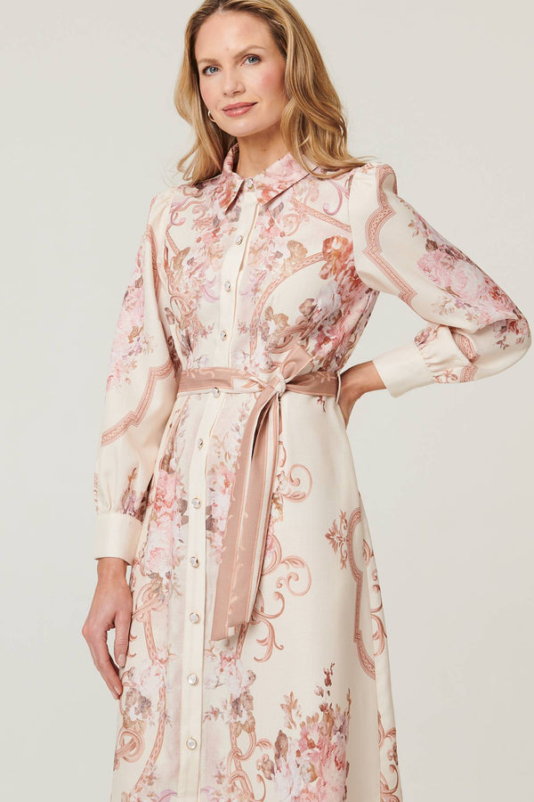 Beige | Floral Long Sleeve Tie Waist Midi Dress