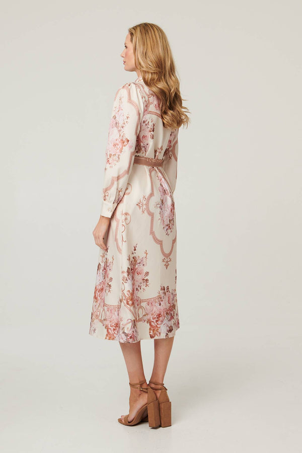 Beige | Floral Long Sleeve Tie Waist Midi Dress