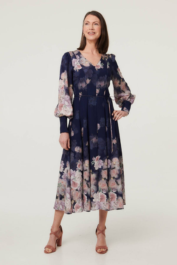 Navy | Floral Long Balloon Sleeve Midi Dress