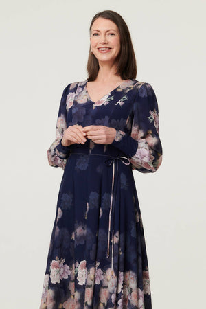 Navy | Floral Long Balloon Sleeve Midi Dress