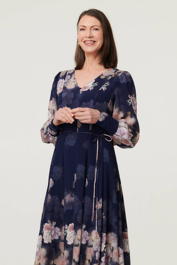 Navy | Floral Long Balloon Sleeve Midi Dress