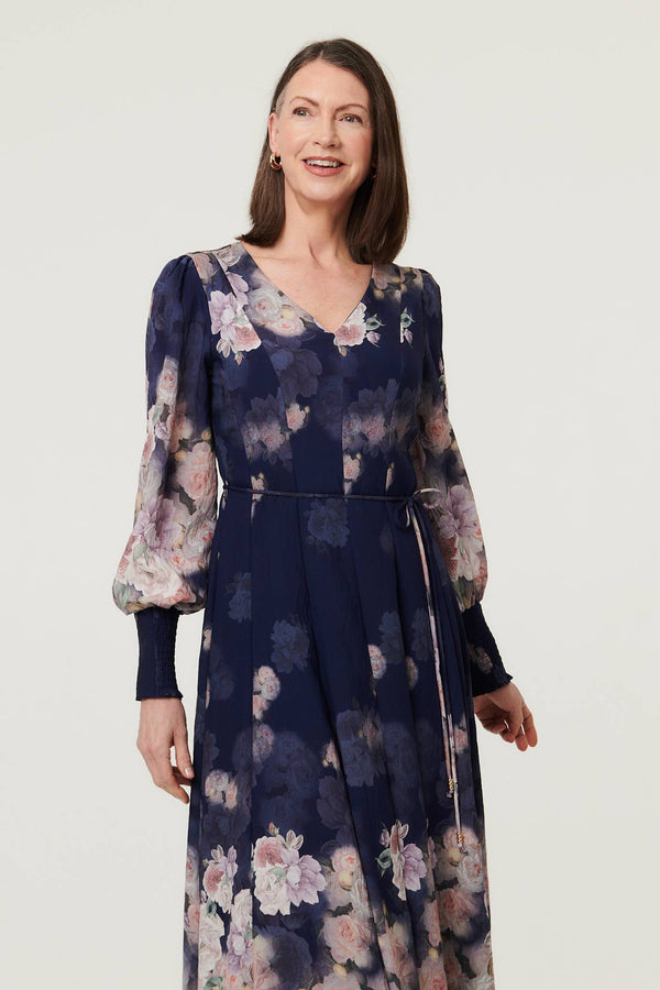 Navy | Floral Long Balloon Sleeve Midi Dress