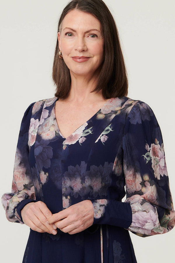 Navy | Floral Long Balloon Sleeve Midi Dress