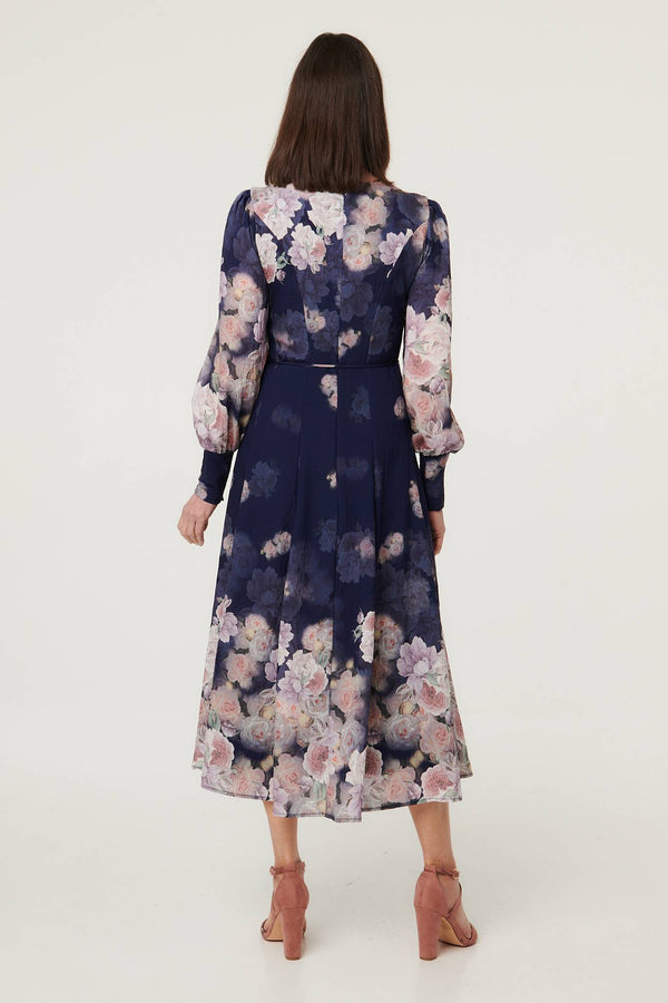 Navy | Floral Long Balloon Sleeve Midi Dress
