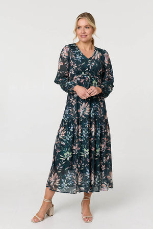 Green | Floral Long Sleeve Relaxed Maxi Dress