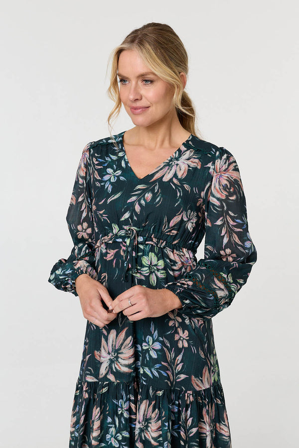 Green | Floral Long Sleeve Relaxed Maxi Dress