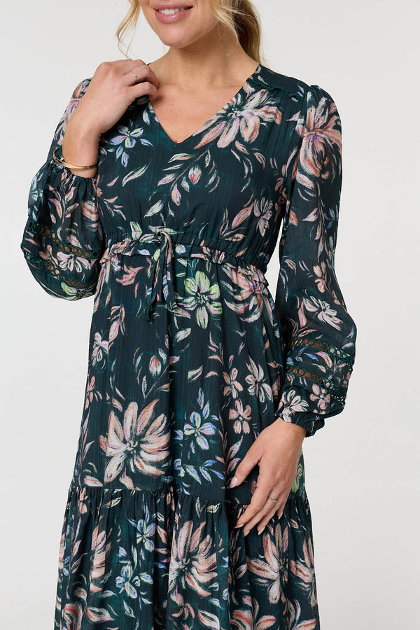 Green | Floral Long Sleeve Relaxed Maxi Dress