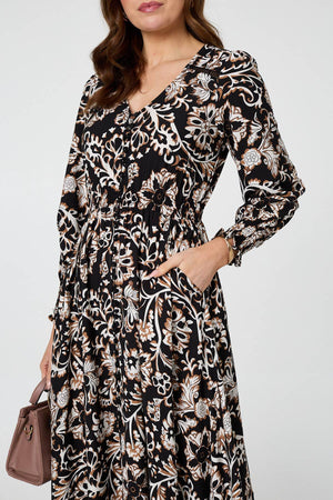 Black | Floral Lace Trim Long Sleeve Maxi Dress