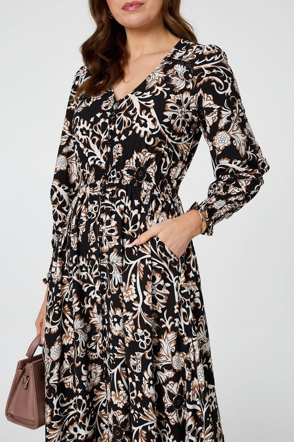 Black | Floral Lace Trim Long Sleeve Maxi Dress