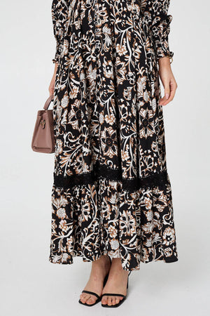 Black | Floral Lace Trim Long Sleeve Maxi Dress