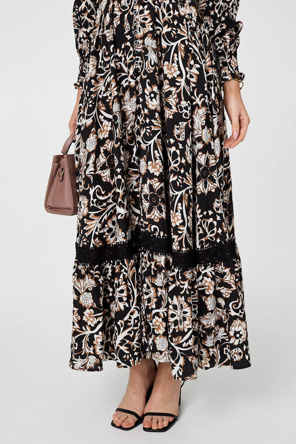 Black | Floral Lace Trim Long Sleeve Maxi Dress