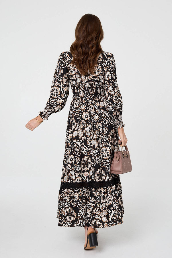 Black | Floral Lace Trim Long Sleeve Maxi Dress