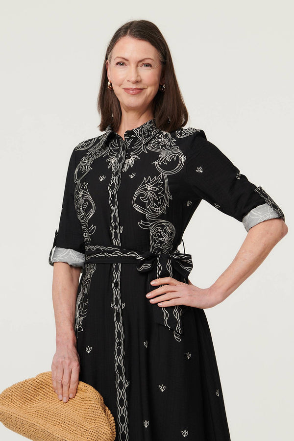 Black | Border Print Tie Waist Midi Shirt Dress
