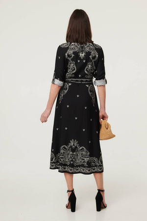 Black | Border Print Tie Waist Midi Shirt Dress