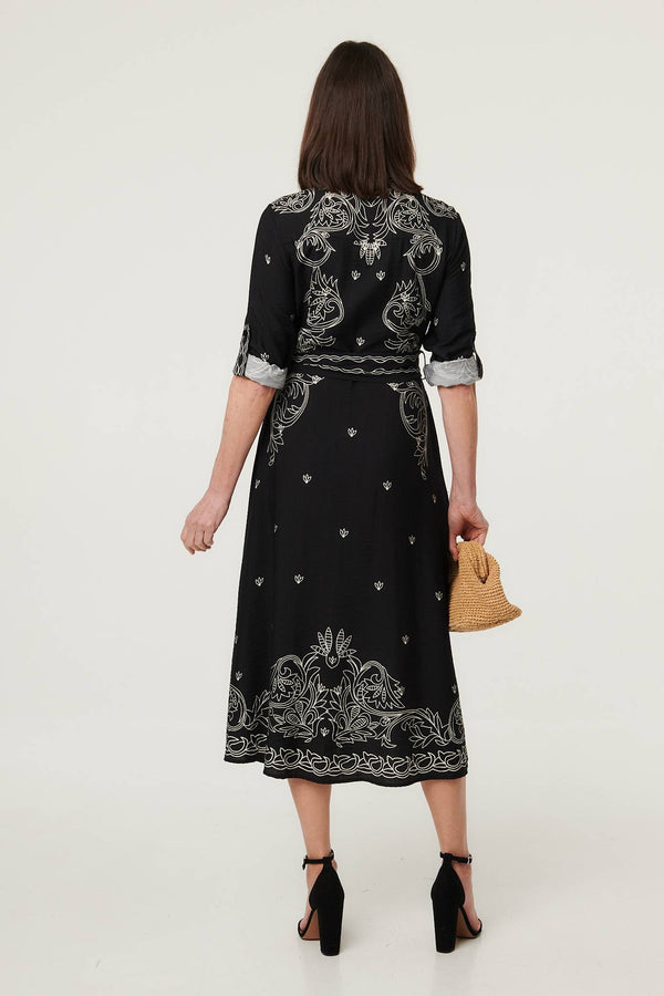 Black | Border Print Tie Waist Midi Shirt Dress