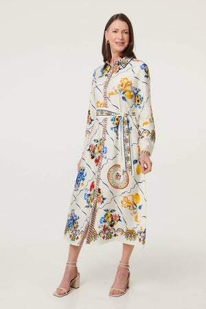 Beige | Printed Long Sleeve Maxi Shirt Dress