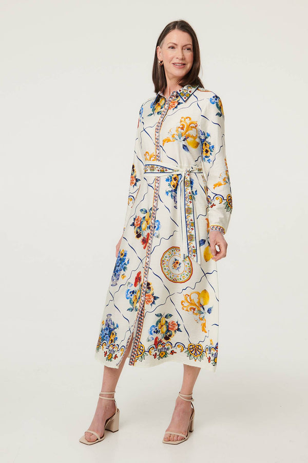 Beige | Printed Long Sleeve Maxi Shirt Dress
