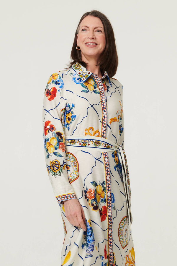 Beige | Printed Long Sleeve Maxi Shirt Dress
