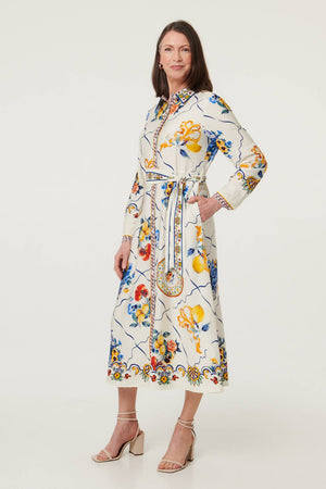 Beige | Printed Long Sleeve Maxi Shirt Dress