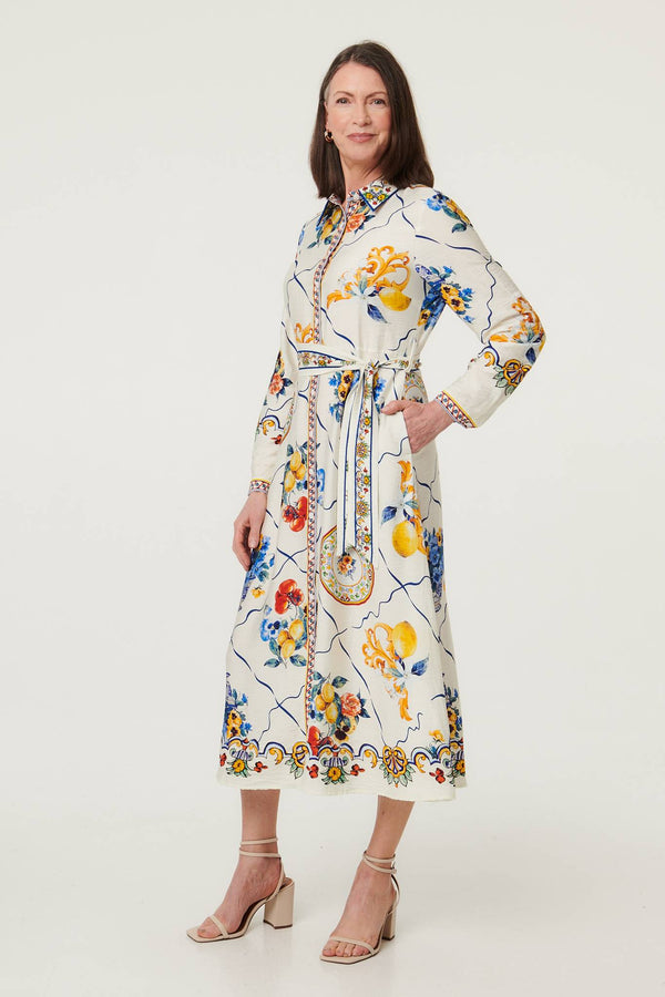 Beige | Printed Long Sleeve Maxi Shirt Dress