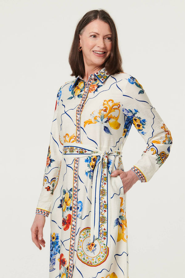 Beige | Printed Long Sleeve Maxi Shirt Dress
