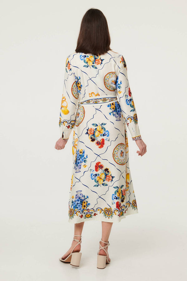 Beige | Printed Long Sleeve Maxi Shirt Dress