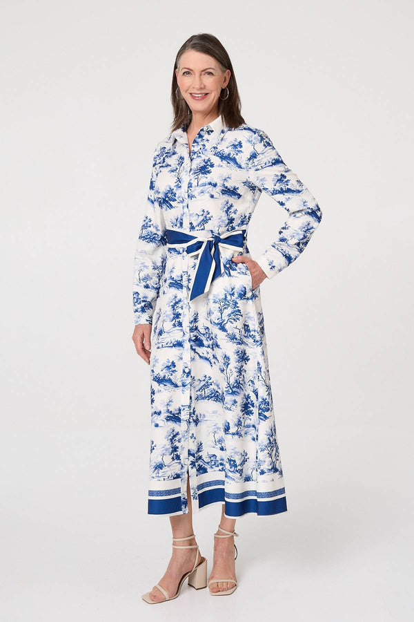 Blue | Border Print Tie Waist Maxi Shirt Dress