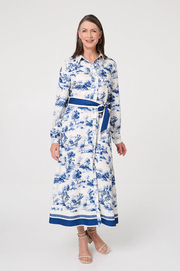 Blue | Border Print Tie Waist Maxi Shirt Dress
