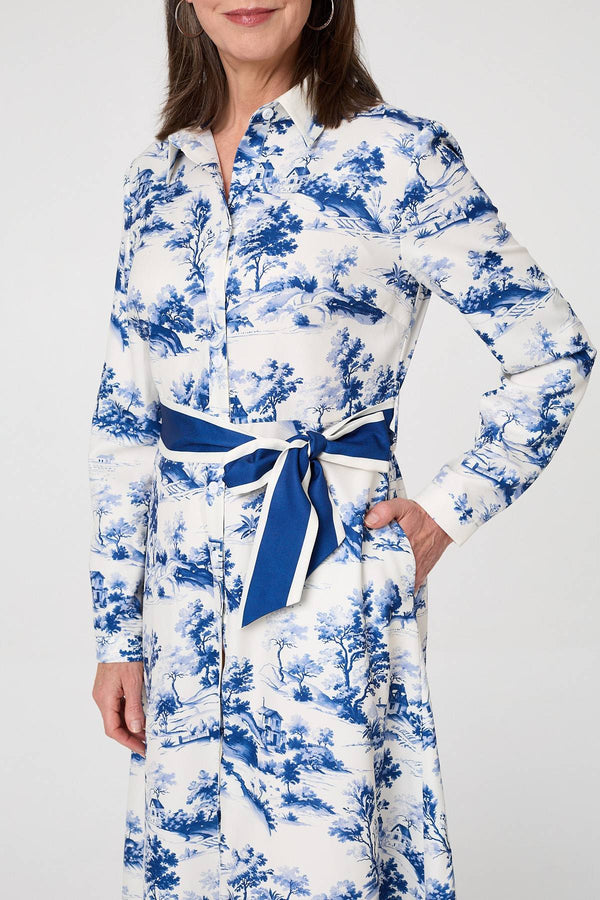 Blue | Border Print Tie Waist Maxi Shirt Dress