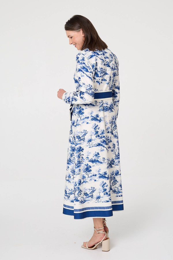 Blue | Border Print Tie Waist Maxi Shirt Dress