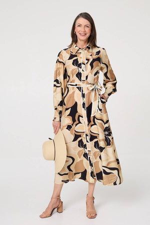Beige | Abstract Floral Midi Shirt Dress