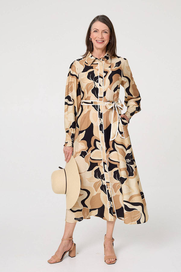Beige | Abstract Floral Midi Shirt Dress
