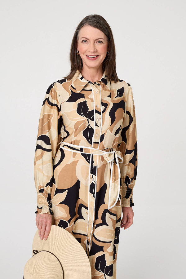 Beige | Abstract Floral Midi Shirt Dress