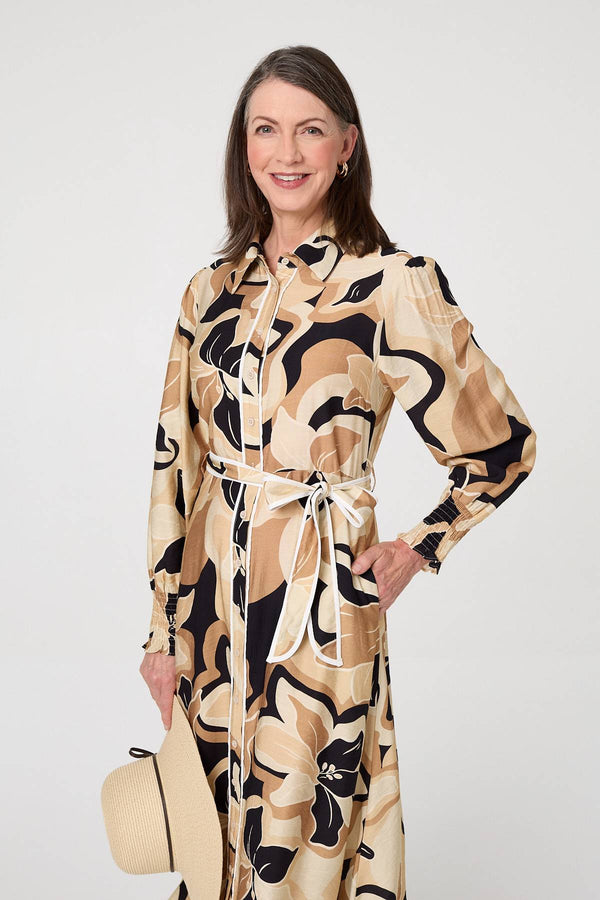 Beige | Abstract Floral Midi Shirt Dress
