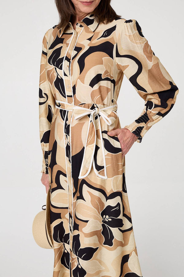 Beige | Abstract Floral Midi Shirt Dress