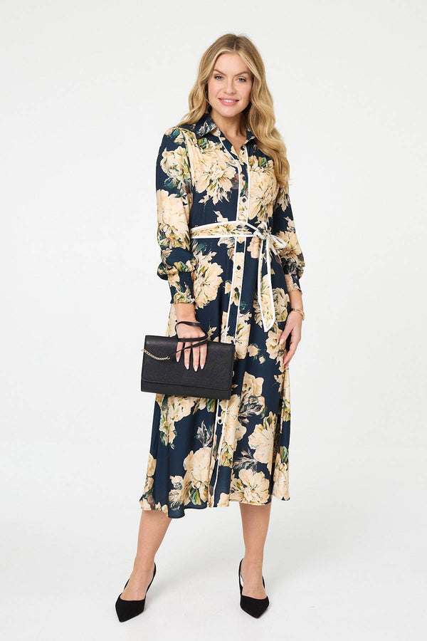 Navy | Floral Print Tie Waist Midi Shirt Dress