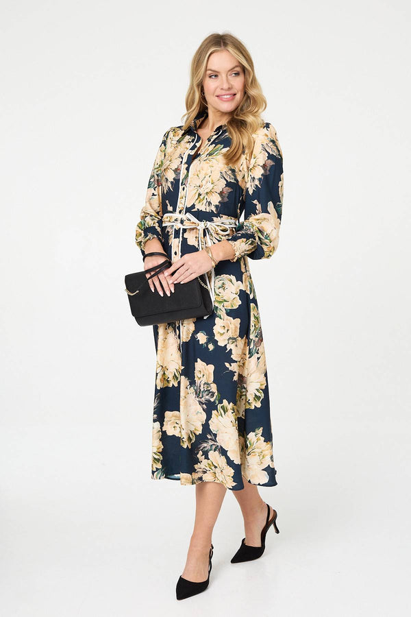 Navy | Floral Print Tie Waist Midi Shirt Dress