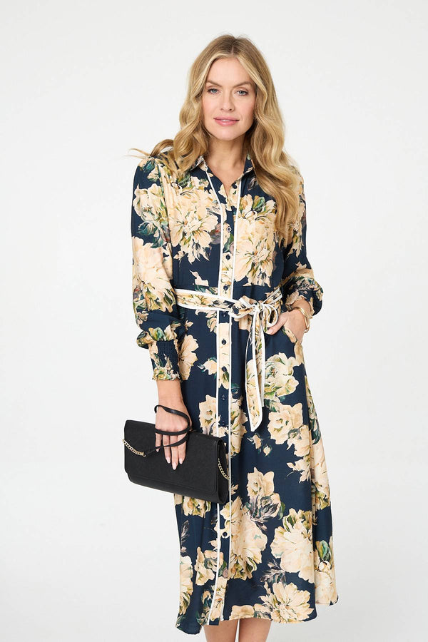 Navy | Floral Print Tie Waist Midi Shirt Dress