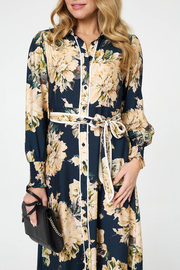 Navy | Floral Print Tie Waist Midi Shirt Dress