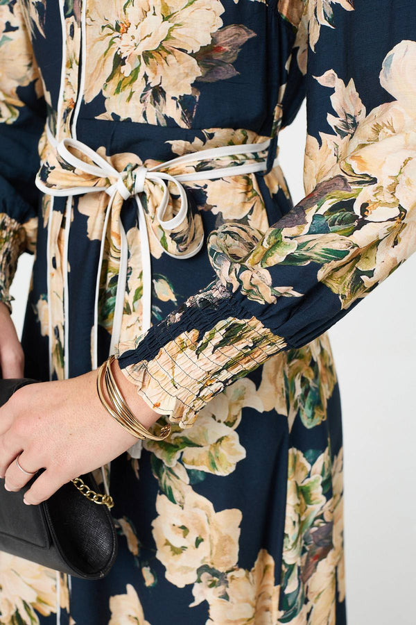 Navy | Floral Print Tie Waist Midi Shirt Dress
