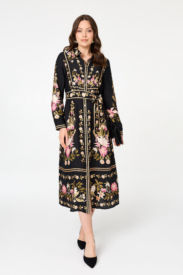 Black | Floral Tie Front Long Sleeve Midi Dress