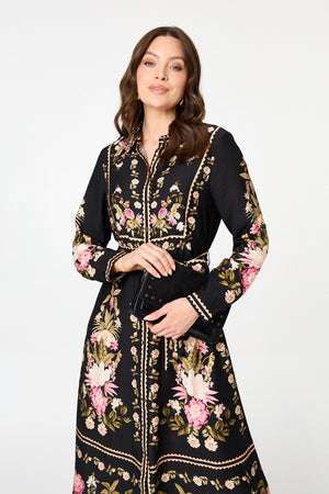 Black | Floral Tie Front Long Sleeve Midi Dress