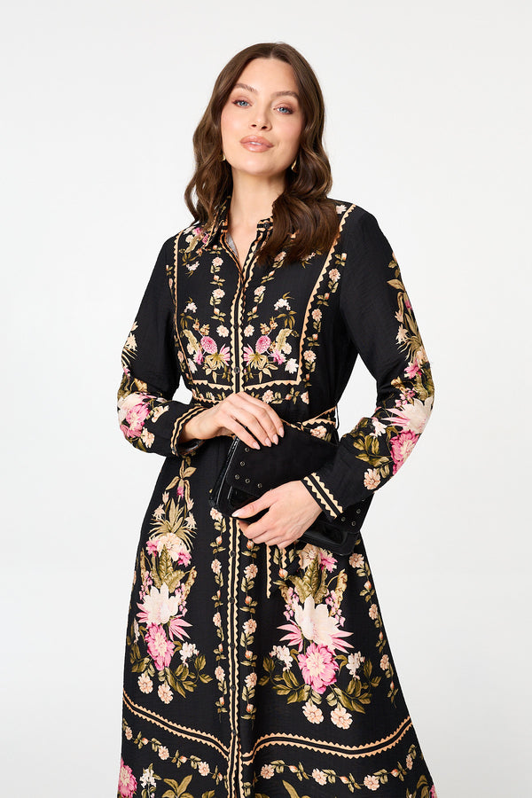 Black | Floral Tie Front Long Sleeve Midi Dress