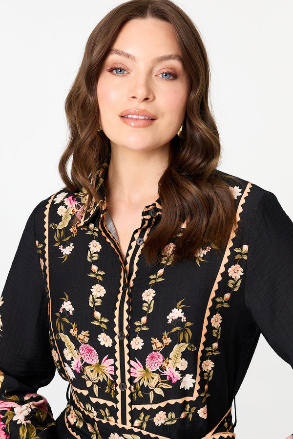 Black | Floral Tie Front Long Sleeve Midi Dress