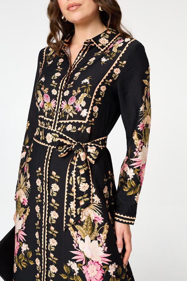 Black | Floral Tie Front Long Sleeve Midi Dress