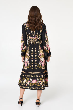 Black | Floral Tie Front Long Sleeve Midi Dress